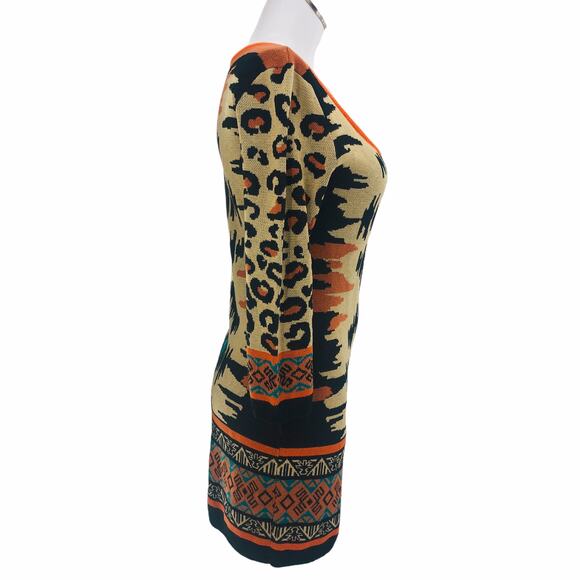 Flying Tomato MEDIUM Orange Knit Mini Sheath Sweater Dress Tribal 3/4 Sleeve - Picture 3 of 6